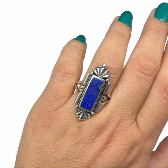 Lapis Lazuli Ring Size 9 Solid 925 Sterling Silver Art Deco Design Blue Stone - Picture 2 of 6